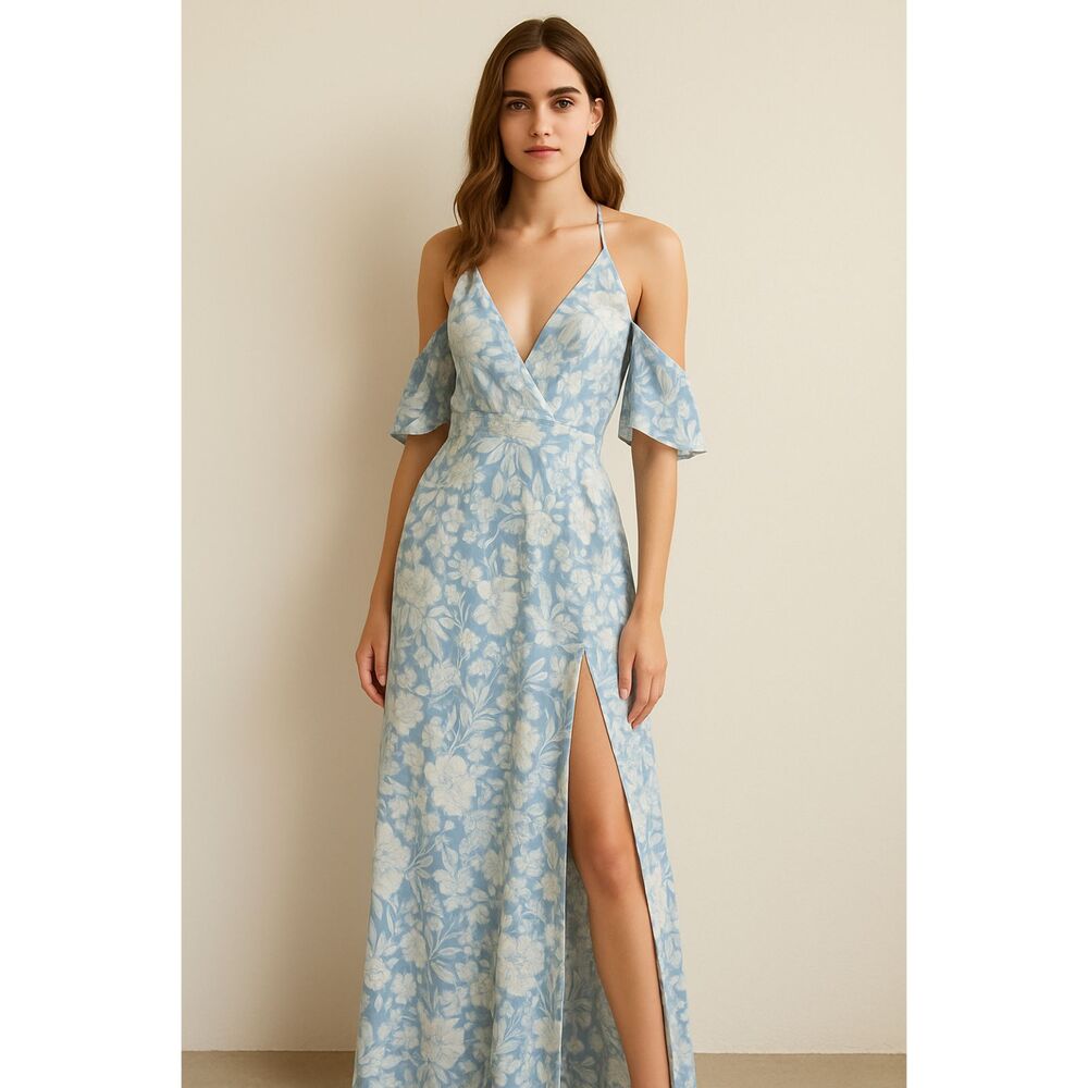 Aakaa Blue Floral Maxi Dress M Backless Halter Tie Flowy Boho Resort Romantic